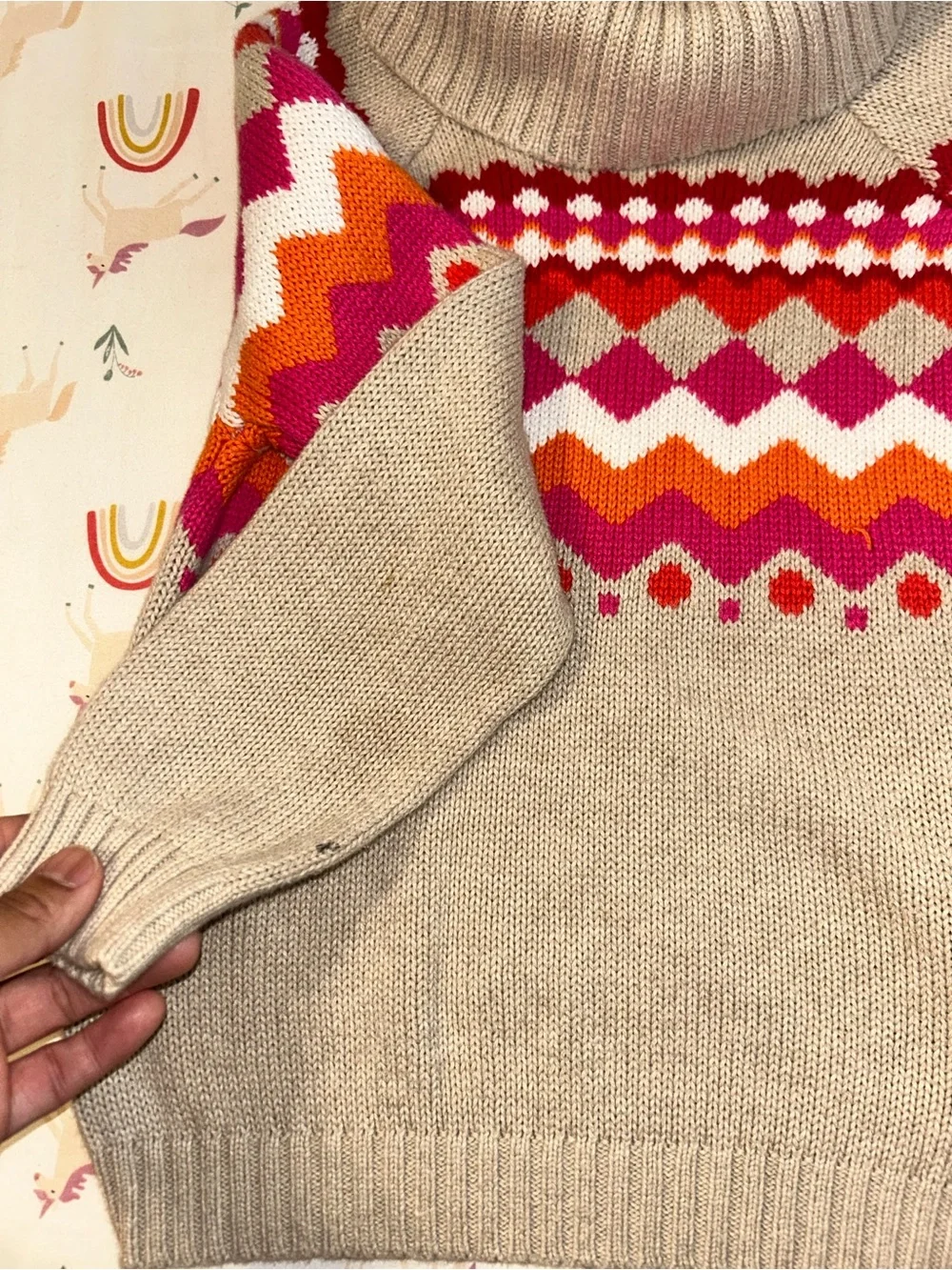 Gymboree Beige Turtleneck Sweater with Pink, Red & Orange Fair Isle